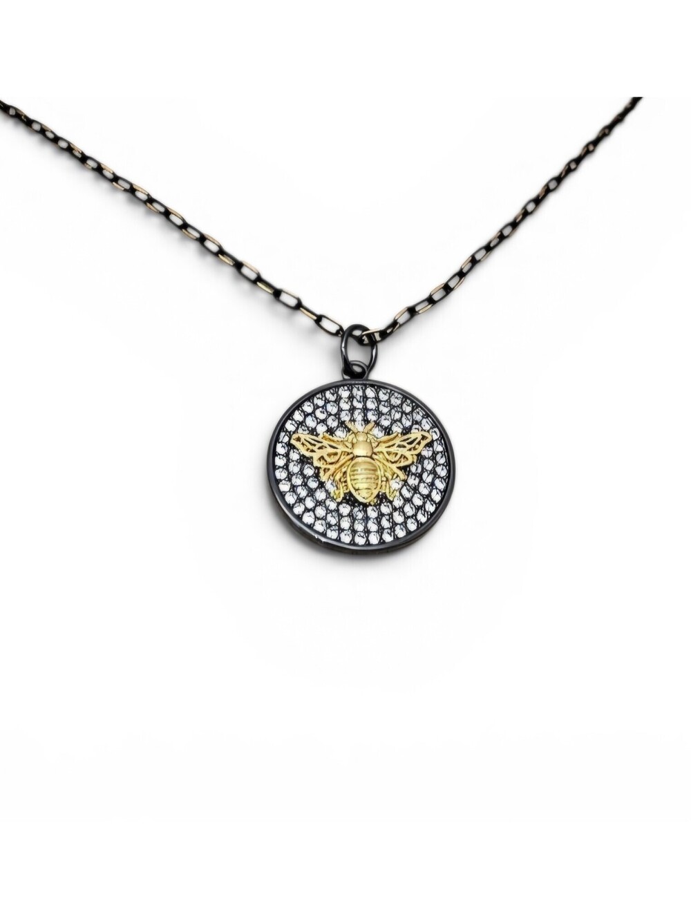 Black And Gold Bumble Bee Pendant Charm Necklace Pave CZ 18 Inches